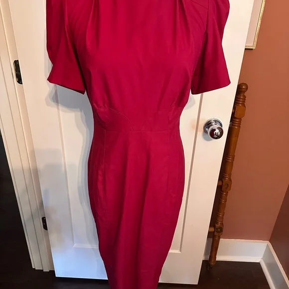 ASOS cranberry fitted puff sleeves back zipper back slit 8 midi pleats dress - Picture 13 of 14